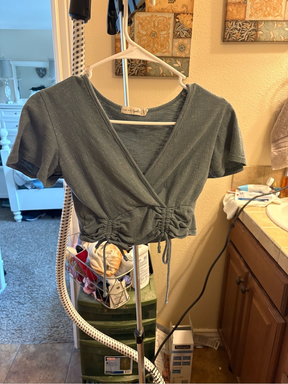 Ruched Sage Wrap Crop Top with V-Neck